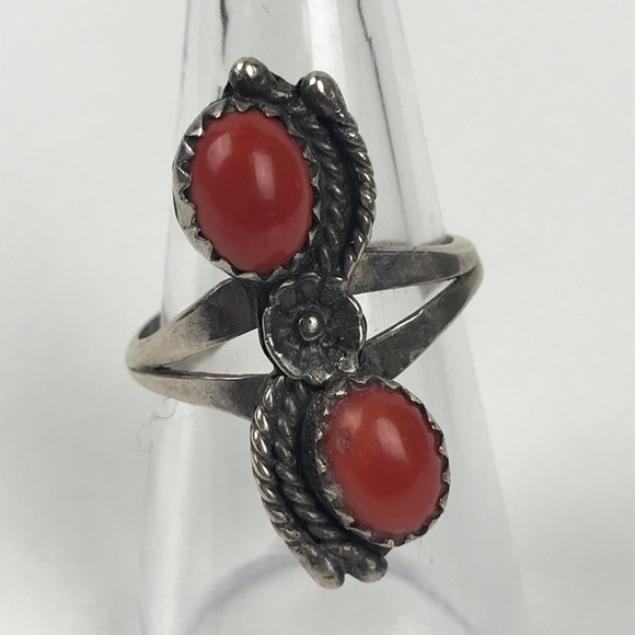 Coral Squash Blossom Flower Sterling Silver Ring - Picture 1 of 8
